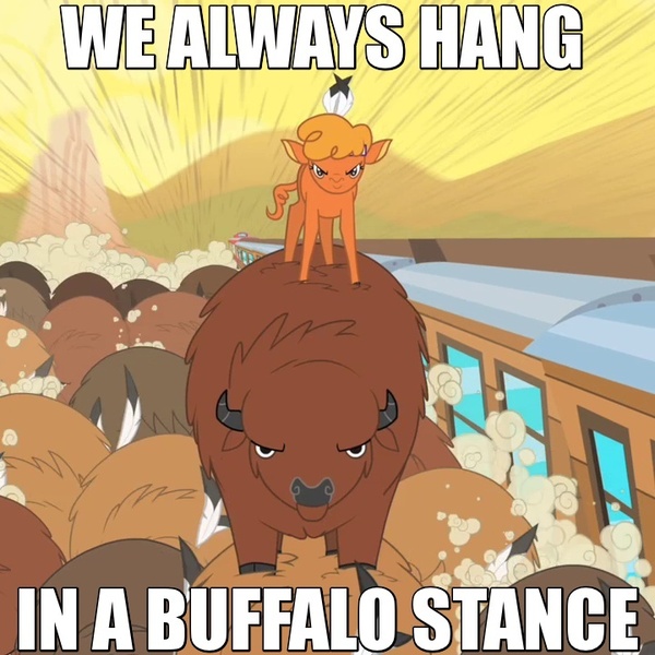 Size: 720x720 | Tagged: buffalo, buffalo stance, caption, cropped, derpibooru import, duo focus, edit, edited screencap, female, herd, image macro, little strongheart, lyrics, neneh cherry, over a barrel, running, safe, screencap, song reference, standing on back, train