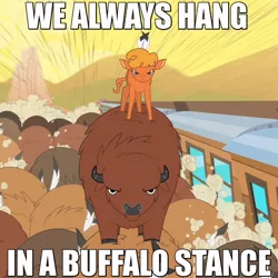 Size: 720x720 | Tagged: buffalo, buffalo stance, caption, cropped, derpibooru import, duo focus, edit, edited screencap, female, herd, image macro, little strongheart, lyrics, neneh cherry, over a barrel, running, safe, screencap, song reference, standing on back, train