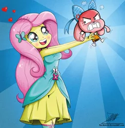 Size: 882x905 | Tagged: safe, artist:the-butch-x, derpibooru import, fluttershy, equestria girls, anais watterson, angry, bare shoulders, blushing, clothes, crossover, dress, fall formal outfits, sleeveless, strapless, sunburst background, the amazing world of gumball, this will end in a beating, this will end in tears