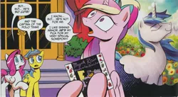 Size: 1990x1093 | Tagged: safe, artist:andypriceart, derpibooru import, idw, diamond rose, lemony gem, princess cadance, shining armor, ponified, alicorn, pegasus, pony, unicorn, neigh anything, spoiler:comic, spoiler:comic12, album cover, background pony, female, magenta rain, male, mare, official comic, ponified album cover, ponytail, prance and the revolution, prince (musician), prince and the revolution, purple rain, record, stallion, thought bubble