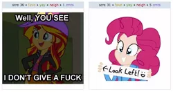 Size: 532x284 | Tagged: safe, derpibooru import, pinkie pie, sunset shimmer, derpibooru, equestria girls, exploitable meme, juxtaposition, juxtaposition win, meme, meta, vulgar