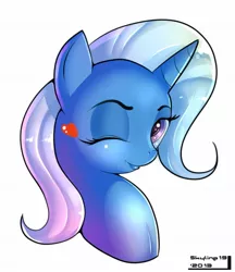 Size: 1130x1309 | Tagged: safe, artist:skyline19, derpibooru import, trixie, pony, unicorn, bust, eyeshadow, female, heart, lipstick, looking at you, mare, one eye closed, simple background, smiling, solo, white background, wink
