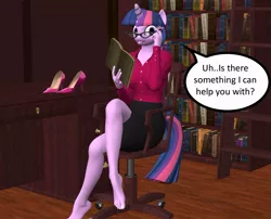 Size: 830x669 | Tagged: 3d, anthro, artist:parsnip3d, barefoot, book, chair, derpibooru import, dialogue, feet, female, glasses, high heels, librarian, library, plantigrade anthro, sitting, solo, solo female, suggestive, talking to viewer, twilight sparkle