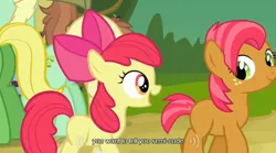 Size: 640x355 | Tagged: safe, derpibooru import, edit, edited screencap, screencap, apple bloom, apple honey, apple tarty, babs seed, half baked apple, wensley, earth pony, pony, apple family reunion, caption, female, filly, meme, we don't normally wear clothes, youtube caption