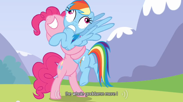 Size: 640x355 | Tagged: safe, derpibooru import, screencap, pinkie pie, rainbow dash, wonderbolts academy, bone-crushing snuggles, hape, hug, meme, youtube caption