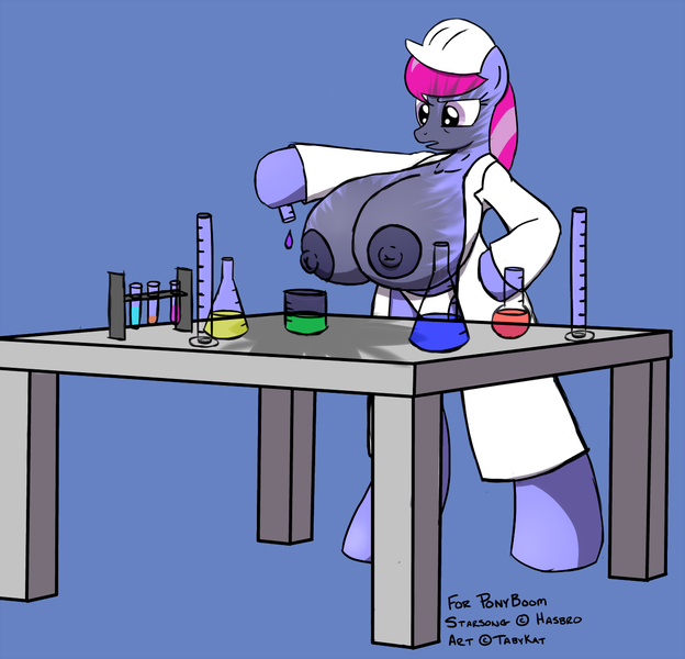 Size: 1280x1231 | Tagged: questionable, artist:tabykat, derpibooru import, starsong, anthro, beaker, big breasts, blown up, breasts, chemicals, clothes, explosion, female, huge breasts, image, impossibly large breasts, lab coat, nipples, nudity, panties, png, solo, solo female, test tube, underwear