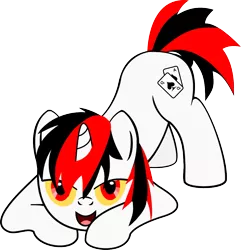 Size: 1037x1077 | Tagged: safe, artist:age3rcm, derpibooru import, oc, oc:blackjack, unofficial characters only, pony, unicorn, fallout equestria, fallout equestria: project horizons, fanfic, cutie mark, face down ass up, fanfic art, female, hooves, horn, looking at you, mare, open mouth, pounce, show accurate, simple background, solo, transparent background, vector