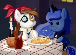 Size: 1920x1392 | Tagged: artist:dstears, candle, cute, derpibooru import, eating, female, filly, lady and the tramp, lunapip, male, pipsqueak, pipsqueak eating spaghetti, plushie, princess luna, safe, shipping, smiling, spaghetti, spaghetti scene, straight, style emulation, waifu dinner, woona