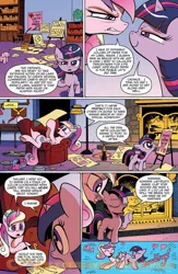 Size: 900x1384 | Tagged: safe, artist:andypriceart, derpibooru import, idw, princess cadance, twilight sparkle, alicorn, elephant, gecko, pony, unicorn, neigh anything, spoiler:comic, spoiler:comic12, armchair, blank flank, bonding, bookshelf, butt bump, butt to butt, butt touch, chart, charts and graphs, cookie, cute, female, filly, fireplace, food, heart, ice cream, idw advertisement, love calculator, my tiny gecko, oath, on back, pie chart, preview, quill, soda bottle, sunshine sunshine, twiabetes, twilight being twilight, younger
