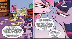 Size: 804x442 | Tagged: safe, artist:andypriceart, derpibooru import, idw, princess cadance, twilight sparkle, alicorn, elephant, gecko, pony, unicorn, neigh anything, spoiler:comic, spoiler:comic12, adorkable, chart, charts and graphs, comic, cropped, cute, dork, female, filly, filly twilight sparkle, graph, mare, my tiny gecko, nose to nose, official comic, speech bubble, twilight being twilight, unicorn twilight, younger