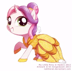 Size: 500x498 | Tagged: alternate hairstyle, artist:nattherat, beauty and the beast, belle, clothes, cute, derpibooru import, diasweetes, disney, disney princess, dress, grin, looking at you, pun, raised hoof, safe, smiling, solo, squee, sweetie belle