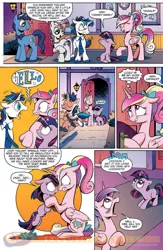 Size: 900x1384 | Tagged: safe, derpibooru import, idw, princess cadance, shining armor, twilight sparkle, alicorn, pony, unicorn, neigh anything, spoiler:comic, spoiler:comic12, comic, dissonant cadance, exploitable meme, female, filly, filly twilight sparkle, hello, idw advertisement, male, mare, meme, meme origin, messy mane, music notes, nailed it, origins, preview, raised hoof, screaming armor, smooth, stallion, watermark