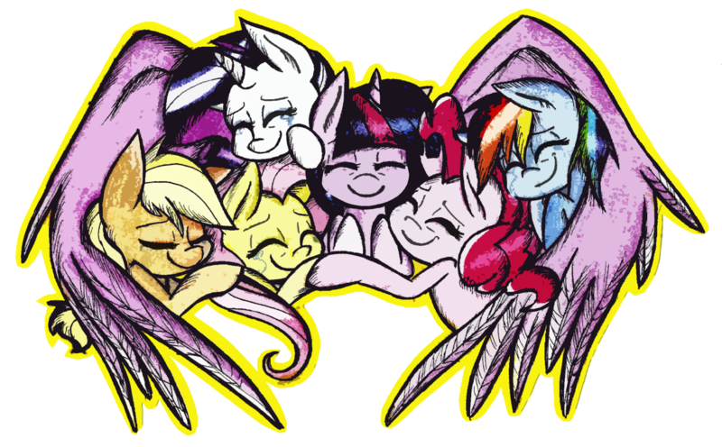 Size: 2039x1265 | Tagged: dead source, safe, artist:strangiesleepy, derpibooru import, applejack, fluttershy, pinkie pie, rainbow dash, rarity, twilight sparkle, twilight sparkle (alicorn), alicorn, pony, female, hug, mane six, mare, winghug