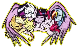 Size: 2039x1265 | Tagged: dead source, safe, artist:strangiesleepy, derpibooru import, applejack, fluttershy, pinkie pie, rainbow dash, rarity, twilight sparkle, twilight sparkle (alicorn), alicorn, pony, female, hug, mane six, mare, winghug