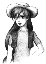 Size: 364x500 | Tagged: applejack, artist:gengakutaku, derpibooru import, human, humanized, monochrome, safe, solo, traditional art