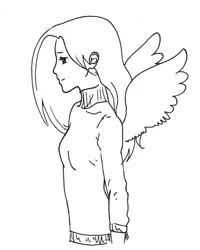 Size: 479x600 | Tagged: artist:gengakutaku, derpibooru import, fluttershy, human, humanized, monochrome, safe, solo, winged humanization