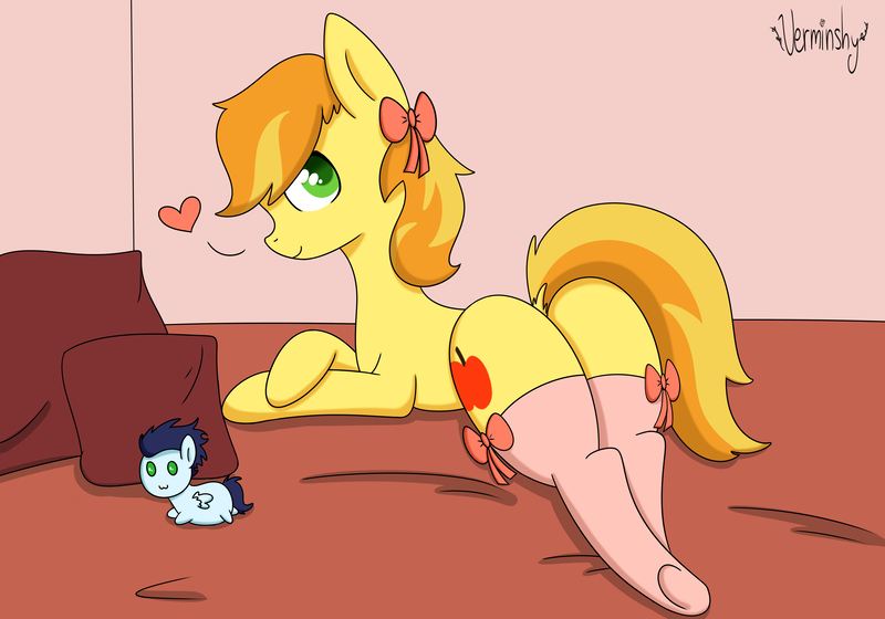 Size: 5000x3500 | Tagged: suggestive, artist:verminshy, derpibooru import, braeburn, soarin', earth pony, pony, bed, bow, braebutt, crossdressing, hair bow, heart, implied soarburn, looking at you, looking back, looking back at you, male, pillow, plot, plushie, smiling, smiling at you, socks, solo, solo male, stallion, stupid sexy braeburn