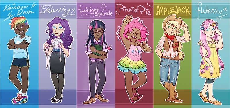 Size: 1242x585 | Tagged: applejack, artist:leoniexli, book, boots, clothes, cowboy vest, dark skin, denim, derpibooru import, fluttershy, glasses, high heels, human, humanized, mane six, measuring tape, pantyhose, pinkie pie, rainbow dash, rarity, safe, sandals, shoes, shorts, skirt, socks, tube skirt, twilight sparkle, vest, wand