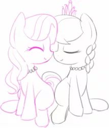 Size: 1176x1375 | Tagged: safe, artist:mactavish1996, artist:mcsadat, derpibooru import, diamond tiara, silver spoon, earth pony, pony, accessory swap, boop, butt to butt, butt touch, cute, diamondbetes, eyes closed, female, filly, jewelry, limited palette, missing accessory, necklace, nose to nose, noseboop, nuzzling, partial color, silverbetes, simple background, sitting, sketch, smiling, white background