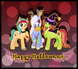 Size: 900x800 | Tagged: safe, artist:churobu, derpibooru import, oc, unofficial characters only, pegasus, pony, werewolf, abstract background, antlers, cape, choker, clothes, costume, hair over one eye, halloween, happy halloween, hat, image, mouth hold, one eye closed, pegasus oc, png, pumpkin bucket, unshorn fetlocks, wings, wink, witch, witch hat