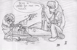 Size: 1024x666 | Tagged: anthro, artist:mcnims, blood, breasts, comic, derpibooru import, grimdark, gun, monochrome, octavia melody, revolver, shotgun, sketch, spoiler, vinyl scratch, violence