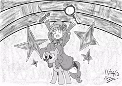 Size: 1024x723 | Tagged: artist:drtsundere, derpibooru import, detective, japanese, magnifying glass, monochrome, moustache, pinkie pie, safe, sherlock shellingford, suzuko mimori, tantei opera milky holmes, voice actor joke