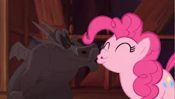 Size: 500x281 | Tagged: safe, artist:petitange1, derpibooru import, pinkie pie, gargoyle, crack shipping, crossover shipping, disney, female, hugo, hunchback of notre dame, imminent kissing, kissy face, male, straight, vector, wat