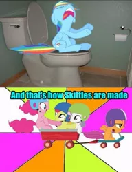 Size: 449x586 | Tagged: and that's how equestria was made, apple bloom, artist:snakeman1992, but why, cutie mark crusaders, derpibooru import, implied pooping, my life is ruined, pinkie pie, potty, potty time, rainbow dash, safe, scootaloo, scooter, skittles, sonic rainboom, sonic rainboom (episode), sweetie belle, the cutie mark chronicles, toilet, wagon, why