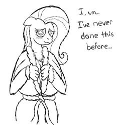 Size: 1111x1116 | Tagged: anthro, artist needed, bathrobe, big breasts, blushing, breasts, busty fluttershy, chest fluff, cleavage, clothes, derpibooru import, dialogue, female, fluttershy, monochrome, nudity, robe, simple background, sketch, solo, solo female, suggestive