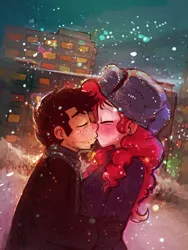 Size: 600x800 | Tagged: artist:technaro, crossover, crossover shipping, dan, dan pie, dan vs, derpibooru import, female, hat, human, humanized, kissing, male, pinkiedan, pinkie pie, safe, shipping, snow, snowfall, straight, ushanka