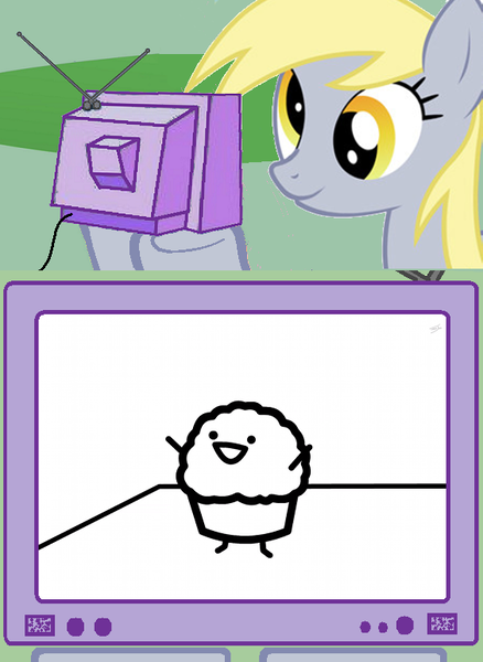 Size: 563x771 | Tagged: safe, derpibooru import, derpy hooves, pegasus, pony, asdfmovie, exploitable meme, female, mare, meme, mr. muffin, muffin, obligatory pony, television, tv meme