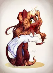 Size: 1282x1766 | Tagged: safe, artist:locksto, derpibooru import, oc, oc:wormhole, unofficial characters only, classical unicorn, pony, unicorn, clothes, female, glasses, lab coat, leonine tail, magic, mare, ponytail, solo, unshorn fetlocks