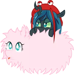 Size: 1001x1013 | Tagged: safe, artist:artist-apprentice587, derpibooru import, queen chrysalis, oc, oc:fluffle puff, changeling, changeling queen, lobster, nymph, pony, clothes, costume, cute, cutealis, duo, duo female, female, flufflebetes, simple background, tongue out, transparent background