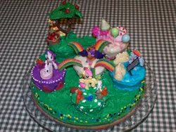 Size: 1024x768 | Tagged: safe, artist:insanity-ensues, derpibooru import, applejack, fluttershy, pinkie pie, rainbow dash, rarity, twilight sparkle, twilight sparkle (alicorn), alicorn, fox, hedgehog, pony, rabbit, raccoon, squirrel, apple, balloon, basket, cake, edible, female, food, food art, hat, irl, mane six, mare, party hat, photo, rainbow, toy