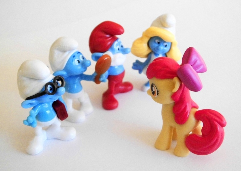 Size: 1024x726 | Tagged: apple bloom, blind bag, brainy smurf, derpibooru import, figure, irl, papa smurf, photo, safe, smurfette, smurfs, toy, vanity smurf, wrong neighborhood