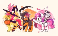 Size: 1280x786 | Tagged: safe, artist:jopiter, derpibooru import, apple bloom, scootaloo, sweetie belle, earth pony, pegasus, pony, robot, robot pony, unicorn, blank flank, candy, clothes, costume, cutie mark crusaders, eyes closed, female, filly, foal, grim reaper, halloween, hooves, horn, laser, nightmare night, nightmare night costume, open mouth, pumpkin bucket, rocket launcher, scythe, smiling, sweetie bot, teeth, trick or treat, weapon, witch