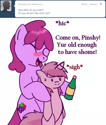 Size: 632x749 | Tagged: safe, artist:skoon, derpibooru import, berry punch, berryshine, ruby pinch, earth pony, pony, unicorn, ask berry punch, ask, bipedal, bottle, duo, duo female, female, filly, mare, mother and child, mother and daughter