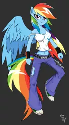 Size: 1744x3152 | Tagged: anthro, artist:amostheartman, belly button, clothes, cutie mark on clothes, derpibooru import, missing wing, pants, rainbow dash, ripped pants, safe, shoes, sneakers, solo, spread wings, tanktop, wings