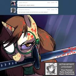 Size: 1000x1000 | Tagged: semi-grimdark, artist:madmax, derpibooru import, pony, unicorn, achievement get, blood, comic, glasses, implied murder, katana, kill bill, madmax weapon emporium, madmax's house of the midnight fun, mouth hold, solo, sword, tumblr, weapon