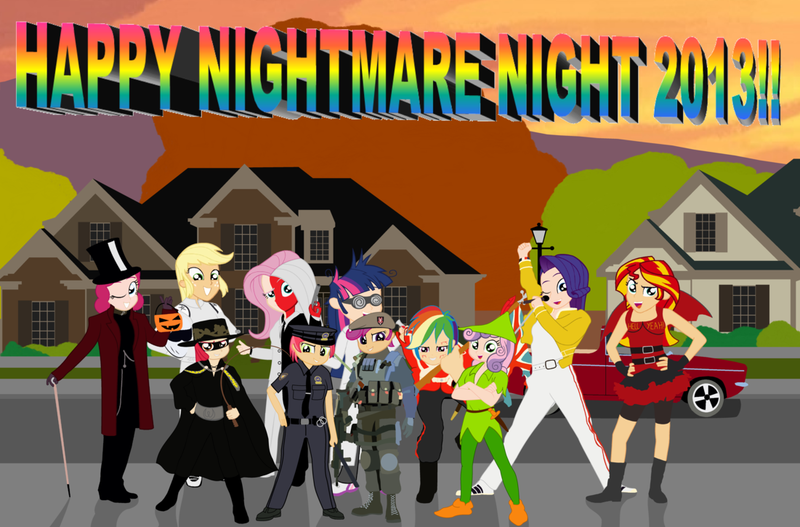 Size: 1101x725 | Tagged: safe, artist:garretthegarret, derpibooru import, apple bloom, applejack, babs seed, fluttershy, pinkie pie, rainbow dash, rarity, scootaloo, sunset shimmer, sweetie belle, twilight sparkle, equestria girls, batman, cutie mark crusaders, devil, dr. insano, freddie mercury, mane six, nightmare night, two-face, willy wonka, zorro