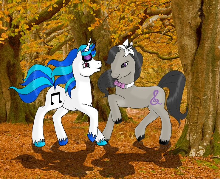 Size: 2722x2214 | Tagged: safe, artist:scorpionkissx, artist:scorpionskissx, derpibooru import, octavia melody, vinyl scratch, earth pony, pony, unicorn, g2, autumn, autumn leaves, female, forest, g4 to g2, generation leap, leaves, lesbian, scratchtavia, shipping, unshorn fetlocks