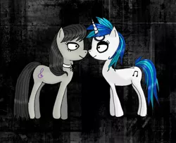 Size: 1922x1558 | Tagged: safe, artist:scorpionskissx, derpibooru import, octavia melody, vinyl scratch, earth pony, pony, unicorn, abstract background, choker, dark background, female, lesbian, mare, scratchtavia, shipping, style emulation, tim burton