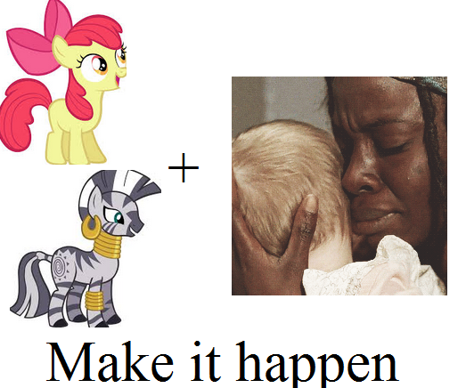 Size: 523x436 | Tagged: apple bloom, crying, derpibooru import, exploitable meme, judith, make it happen, meme, michonne, safe, the walking dead, zebra, zecora