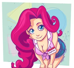 Size: 900x819 | Tagged: artist:romanrazor, beautiful, beautisexy, bend over, bent over, blue eyes, breasts, busty pinkie pie, cleavage, clothes, cute, daisy dukes, denim shorts, derpibooru import, diapinkes, downblouse, female, front knot midriff, hands on thighs, happy, human, humanized, looking at you, midriff, name tag, pinkie pie, safe, sexy, smiling, solo, sultry pose, waitress