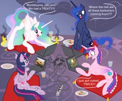 Size: 3000x2500 | Tagged: safe, artist:silfoe, derpibooru import, princess cadance, princess celestia, princess luna, twilight sparkle, twilight sparkle (alicorn), alicorn, pony, alicorn tetrarchy, alternate hairstyle, angry, civilization, civilization v, computer, faic, female, fire, game night, growling, hair curlers, lan party, laptop computer, mare, pizza, rage-shift, sleepover, teary eyes, video game