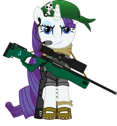 Size: 860x929 | Tagged: safe, artist:karpiupl, derpibooru import, rarity, pony, unicorn, arctic warfare, arctic warfare magnum, badass, female, gun, head wrap, headset, hooves, horn, looking at you, mare, optical sight, rifle, simple background, smiling, sniper, sniper rifle, solo, transparent background, weapon