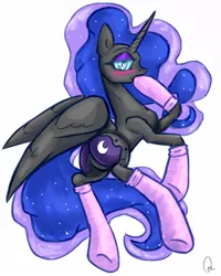Size: 960x1200 | Tagged: artist:asadama, blushing, clothes, derpibooru import, featureless crotch, female, hooves, missing accessory, nightmare moon, plot, sexy, socks, solo, solo female, stupid sexy nightmare moon, suggestive