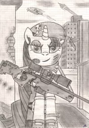Size: 748x1067 | Tagged: semi-grimdark, artist:karpiupl, derpibooru import, rarity, pony, unicorn, arctic warfare magnum, black and white, building, clothes, female, grayscale, gun, head wrap, headset, helicopter, hooves, horn, jet fighter, mare, military, monochrome, optical sight, rifle, sketch, skull and crossbones, smiling, sniper, sniper rifle, solo, uniform, warzone, weapon
