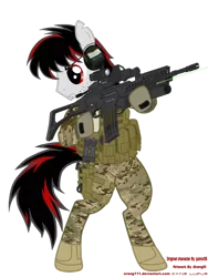 Size: 774x1032 | Tagged: safe, artist:orang111, derpibooru import, oc, unofficial characters only, pony, ag36, assault rifle, bipedal, clothes, g36, grenade launcher, gun, headset, infantry, military, noob tube, solo, uniform