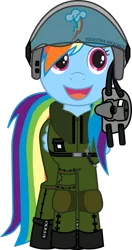 Size: 649x1231 | Tagged: air force, artist:karpiupl, clothes, derpibooru import, flight suit, grin, helmet, military, pilot, rainbow dash, safe, solo, visor